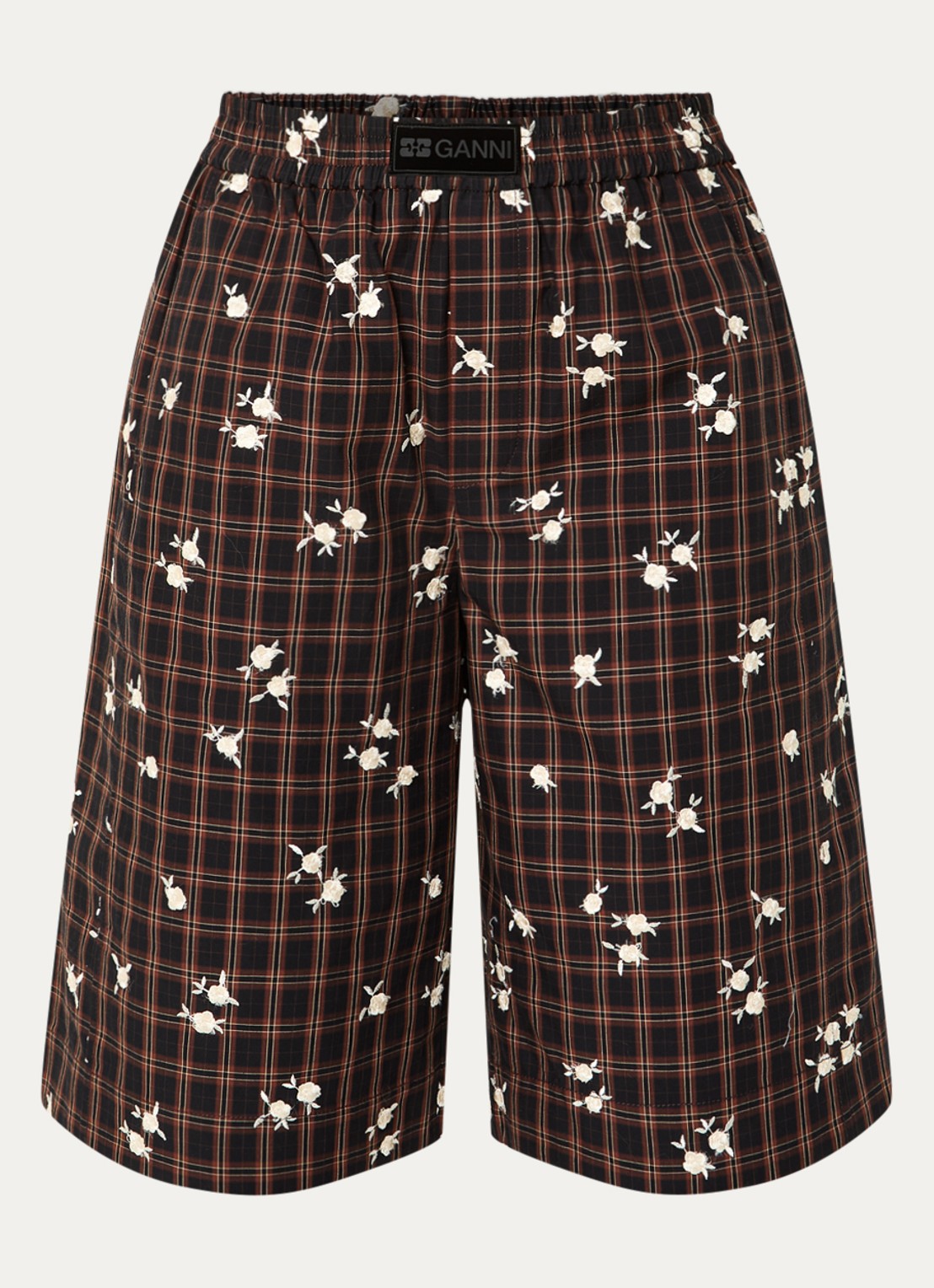 Ganni High waist wide fit korte broek met bloemborduring - voorkant 3 bruin