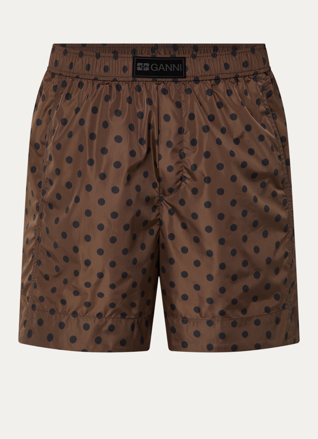Ganni High waist wide fit korte broek met stippenprint en steekzakken - voorkant bruin
