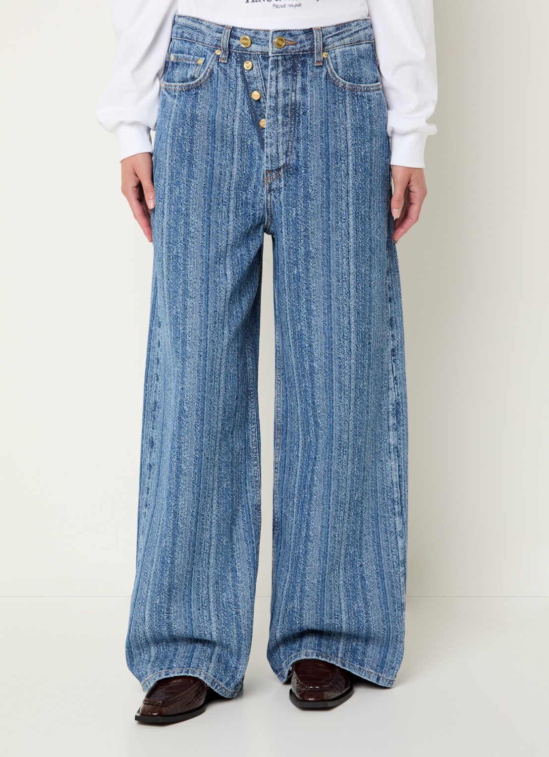 Ganni High waist wide leg jeans met streepprint - detail indigo