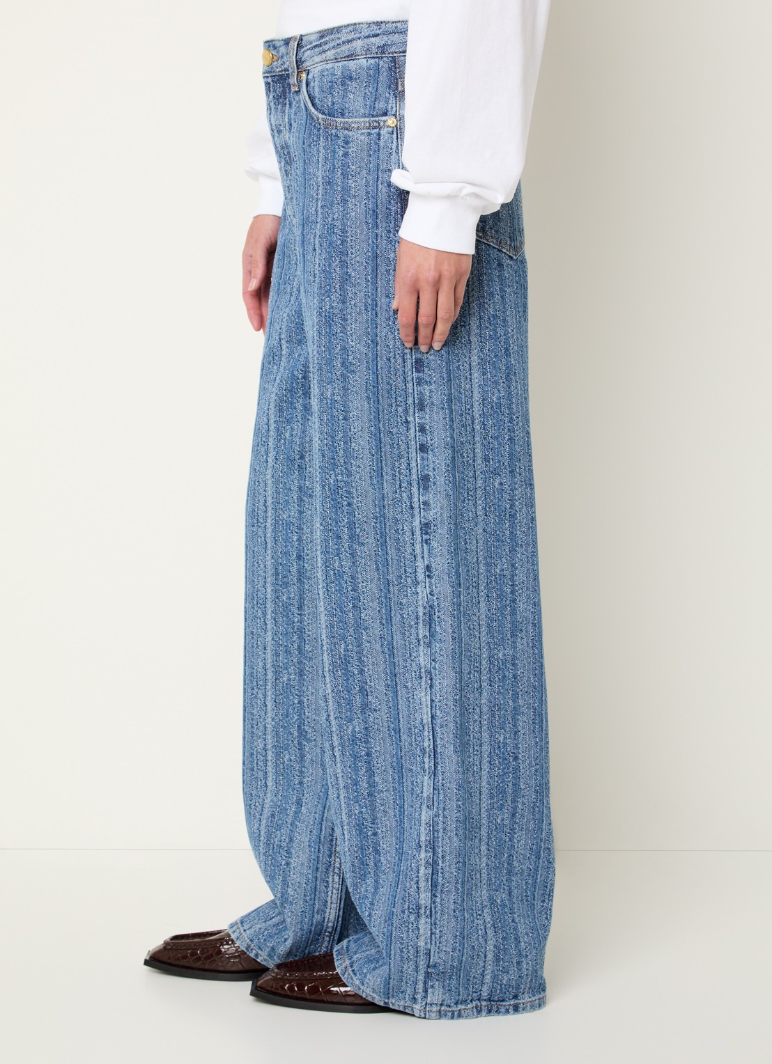 Ganni High waist wide leg jeans met streepprint - detail 2 indigo