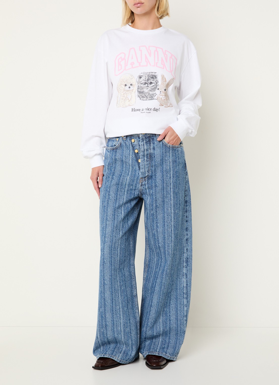 Ganni High waist wide leg jeans met streepprint - voorkant 4 indigo