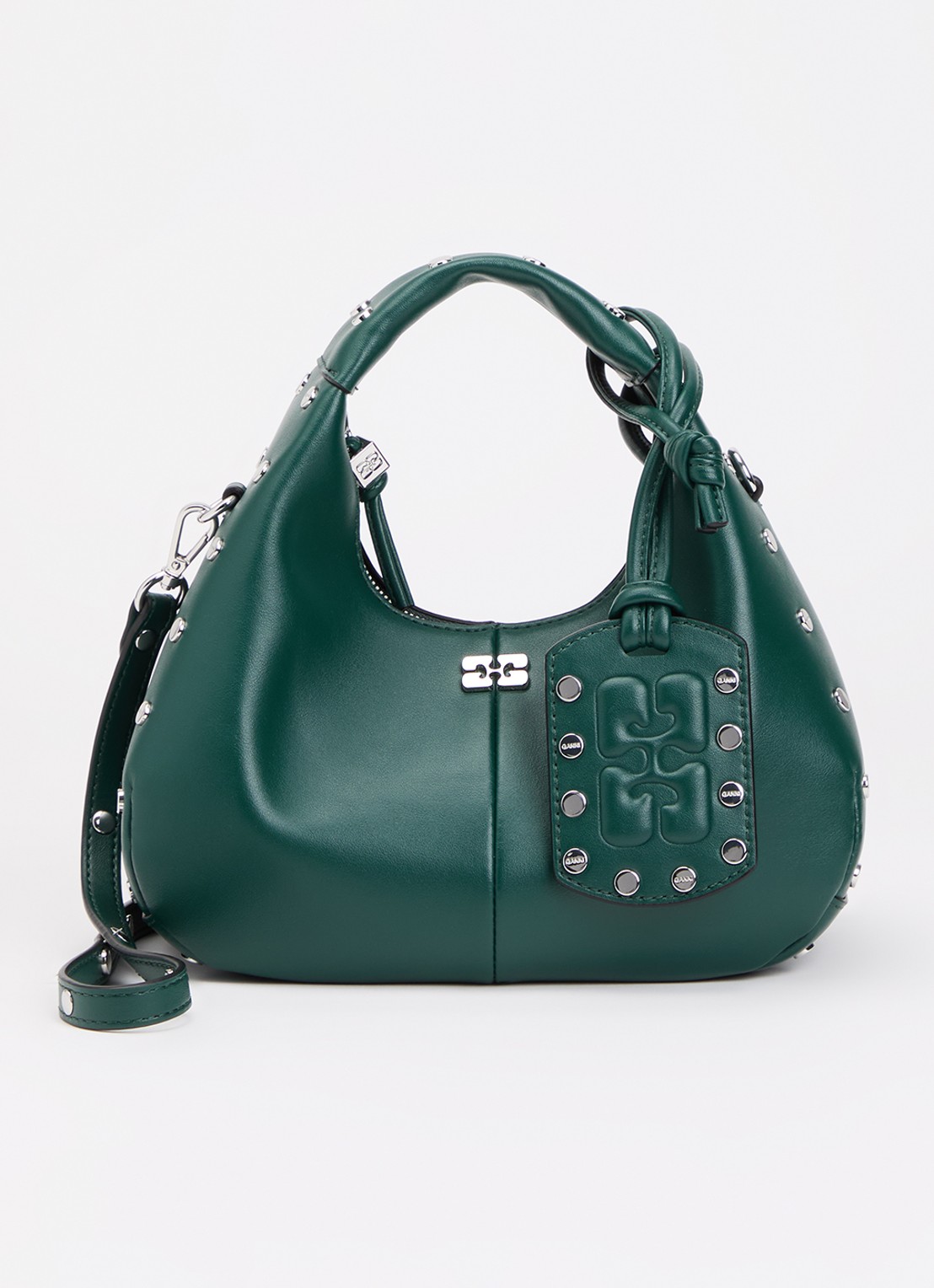 Ganni Hobo Mini handtas van leer met studs - voorkant groen
