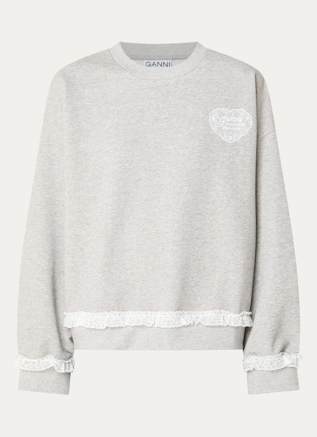 Ganni Isoli sweater met logo en details van kant - voorkant 2 grijsmele