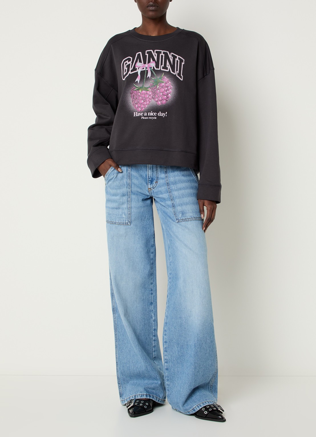 Ganni Isoli sweater met logoprint - voorkant 2 antraciet