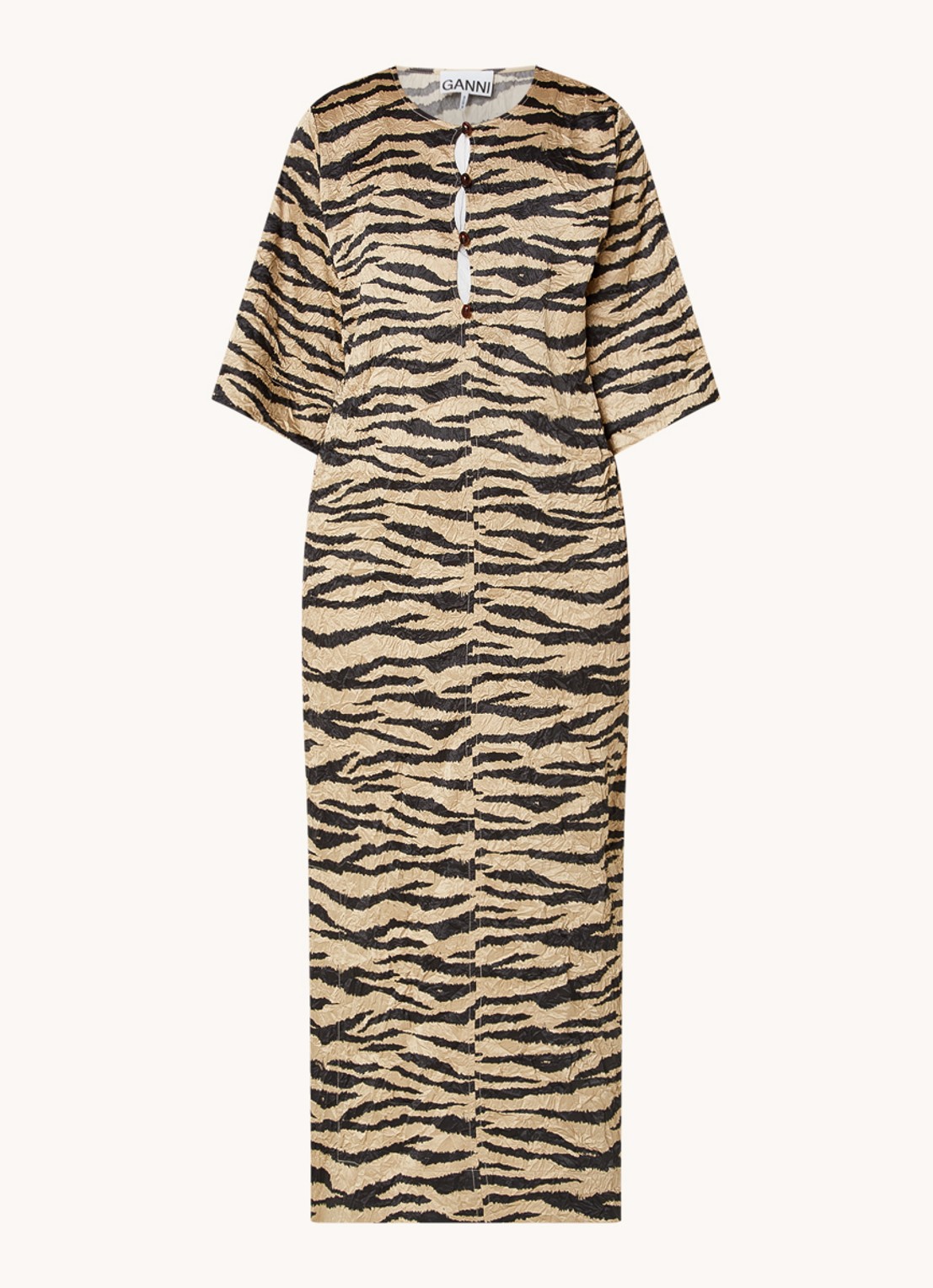 Ganni Maxi blousejurk met tijgerprint en structuur - voorkant donkerbeige