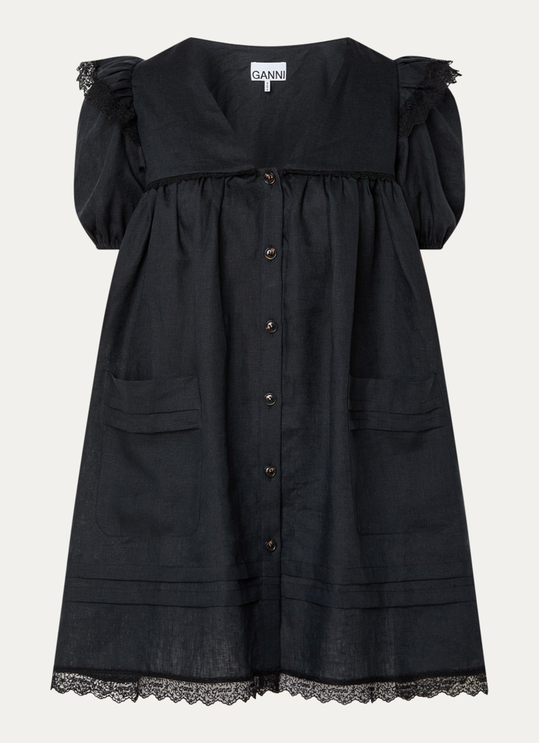 Ganni Mini blousejurk van linnen - voorkant 3 zwart