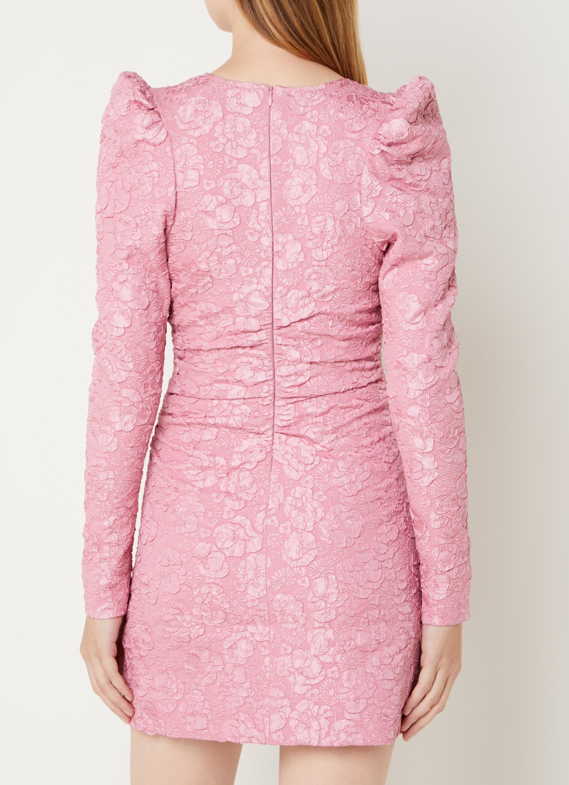 Ganni Mini jurk met structuur en pofmouw - achterkant 3 roze