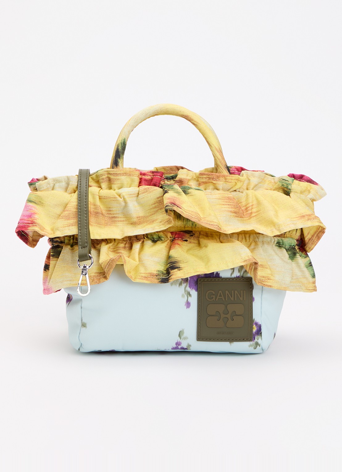 Ganni Mini Ruffle handtas met bloemenprint en afneembare schouderriem  - voorkant lichtblauw