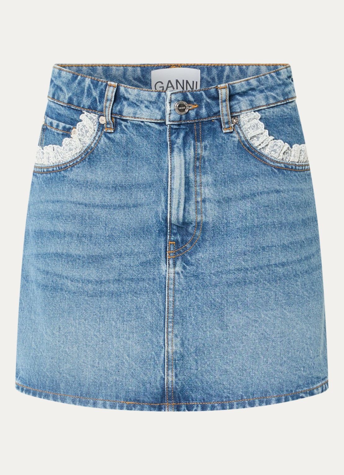 Ganni Mini spijkerrok met steekzakken - voorkant indigo