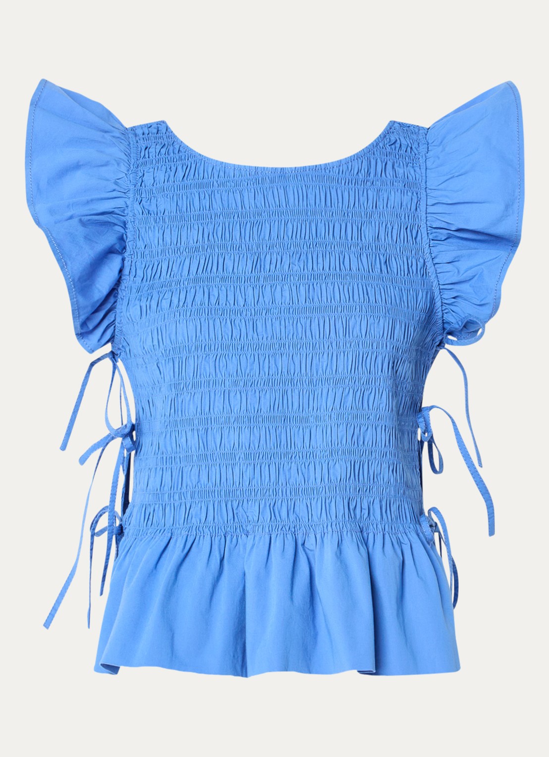 Ganni Mouwloze top met smockwerk en gestrikt detail - voorkant blauw
