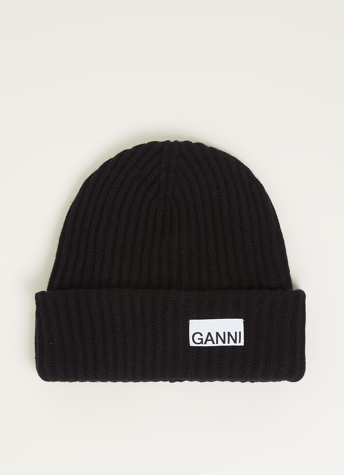 Ganni Muts in wolblend met logo - voorkant zwart