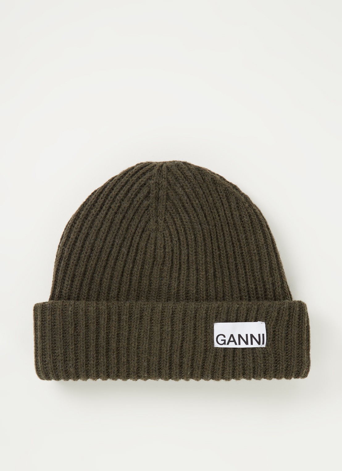 Ganni Muts in wolblend met logo - voorkant groen