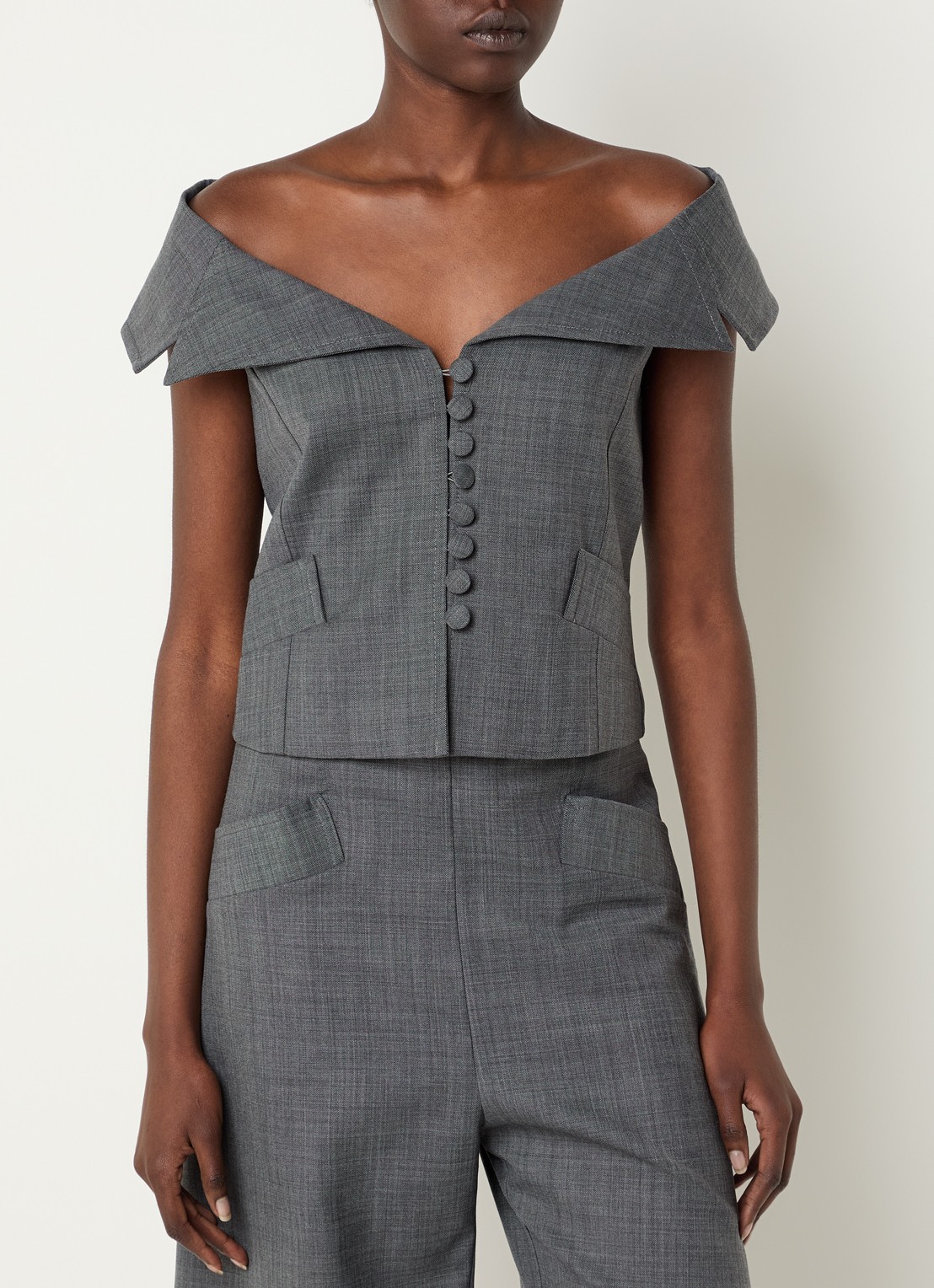 Ganni Off -shoulder top in wolblend - detail 3 antraciet