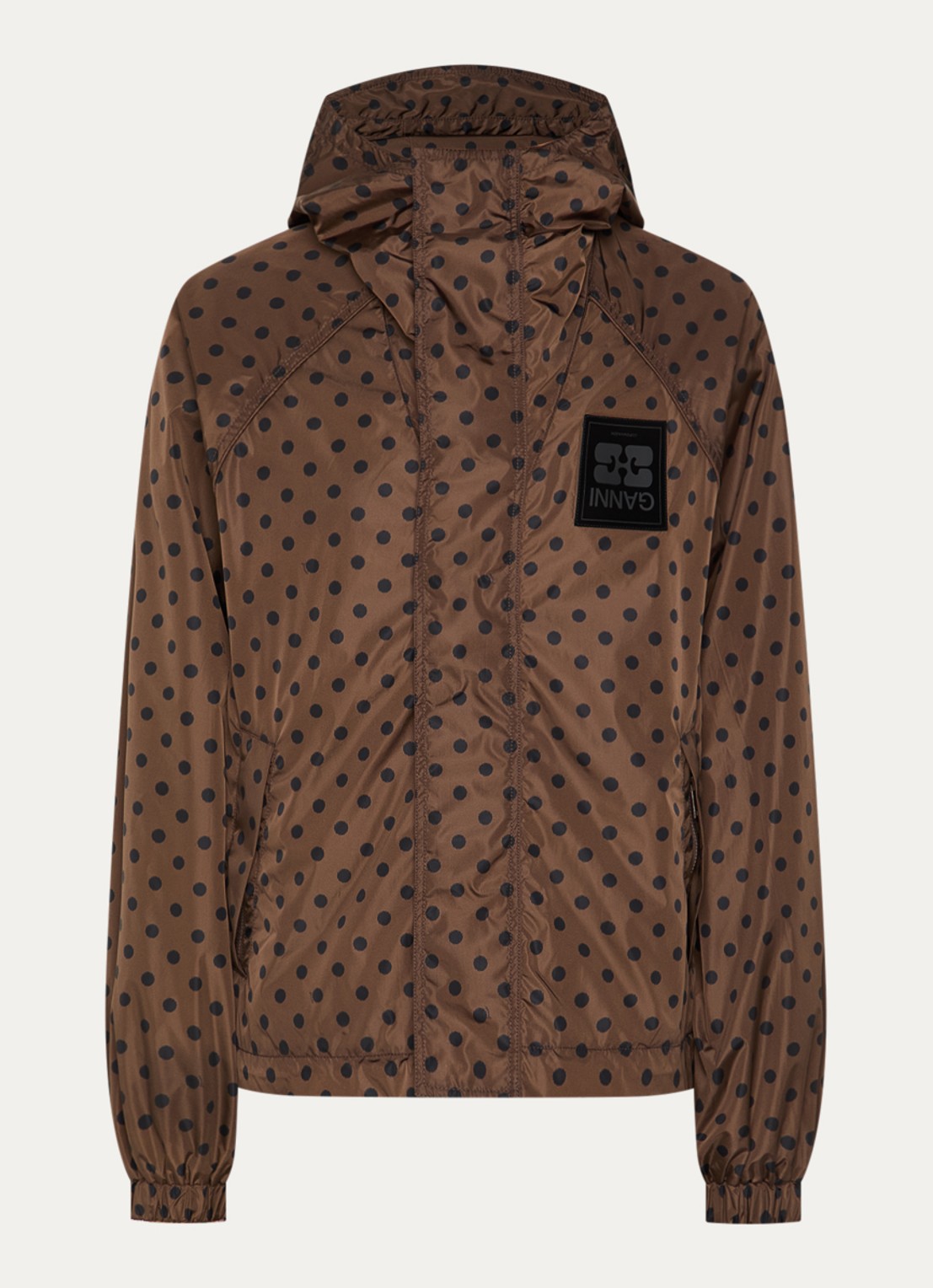 Ganni Regenjack met stippenprint - voorkant bruin