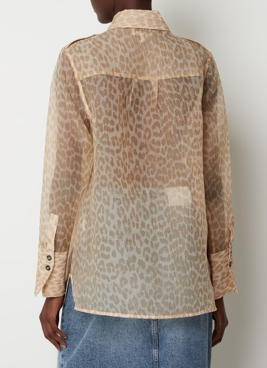 Ganni Semi-transparant blouse met panterprint - achterkant 3 donkerbeige