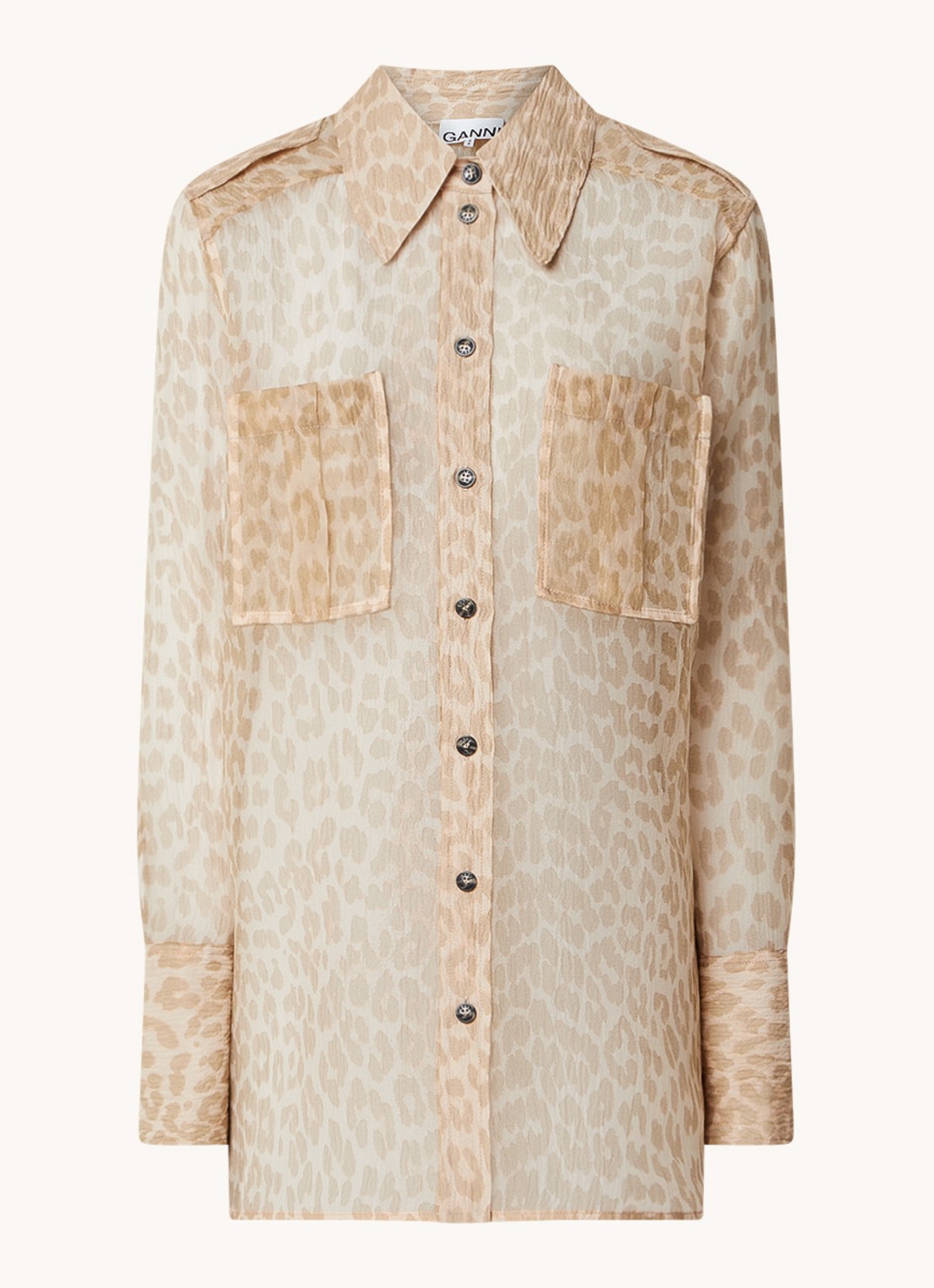 Ganni Semi-transparant blouse met panterprint - voorkant 4 donkerbeige