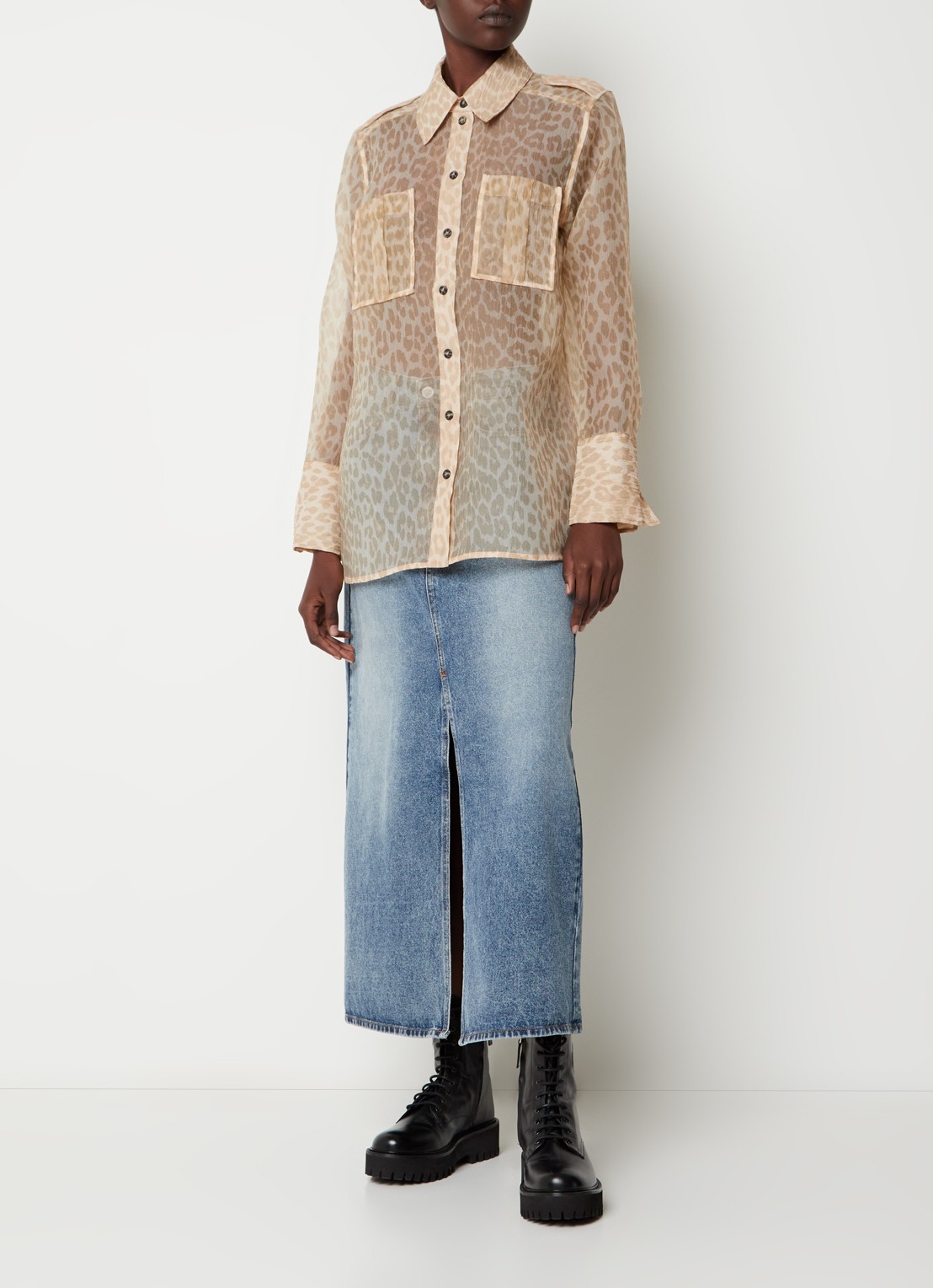 Ganni Semi-transparant blouse met panterprint - voorkant 5 donkerbeige