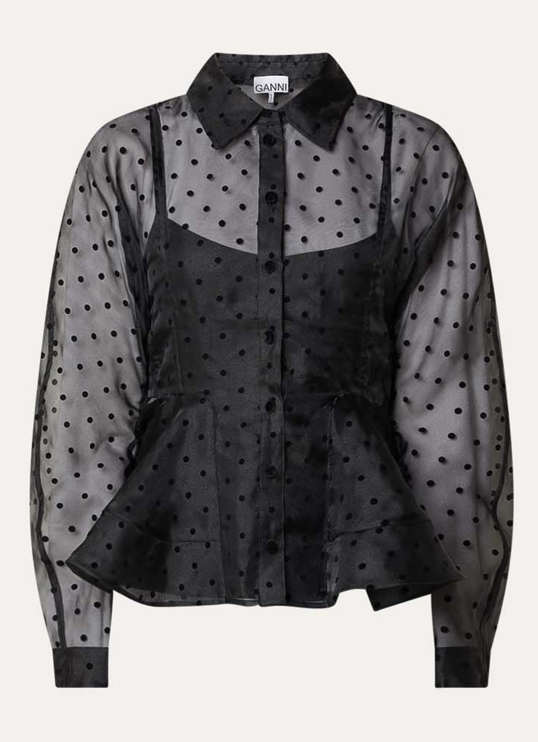 Ganni Semi-transparante blouse met stippenprint en peplum - voorkant 3 zwart