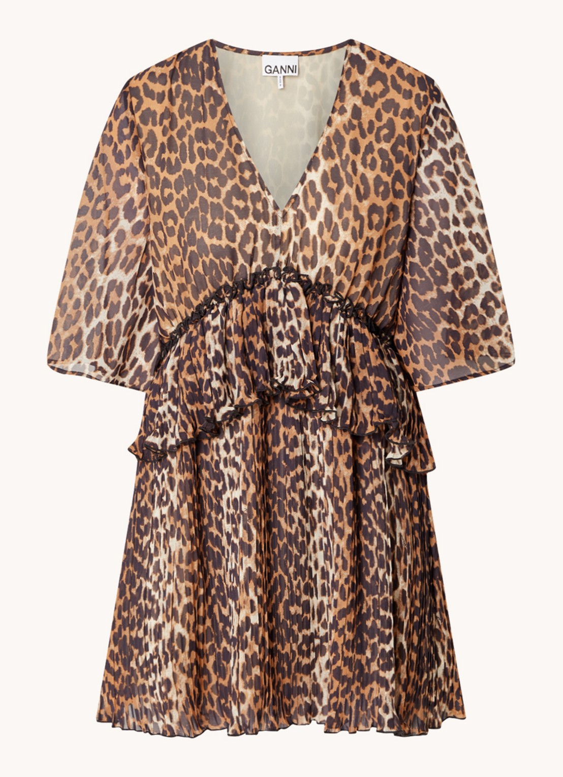 Ganni Semi-transparante mini tuniekjurk met volant en panterprint - voorkant 4 camel