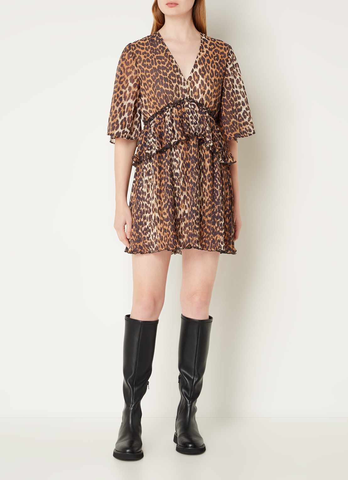Ganni Semi-transparante mini tuniekjurk met volant en panterprint - voorkant 5 camel