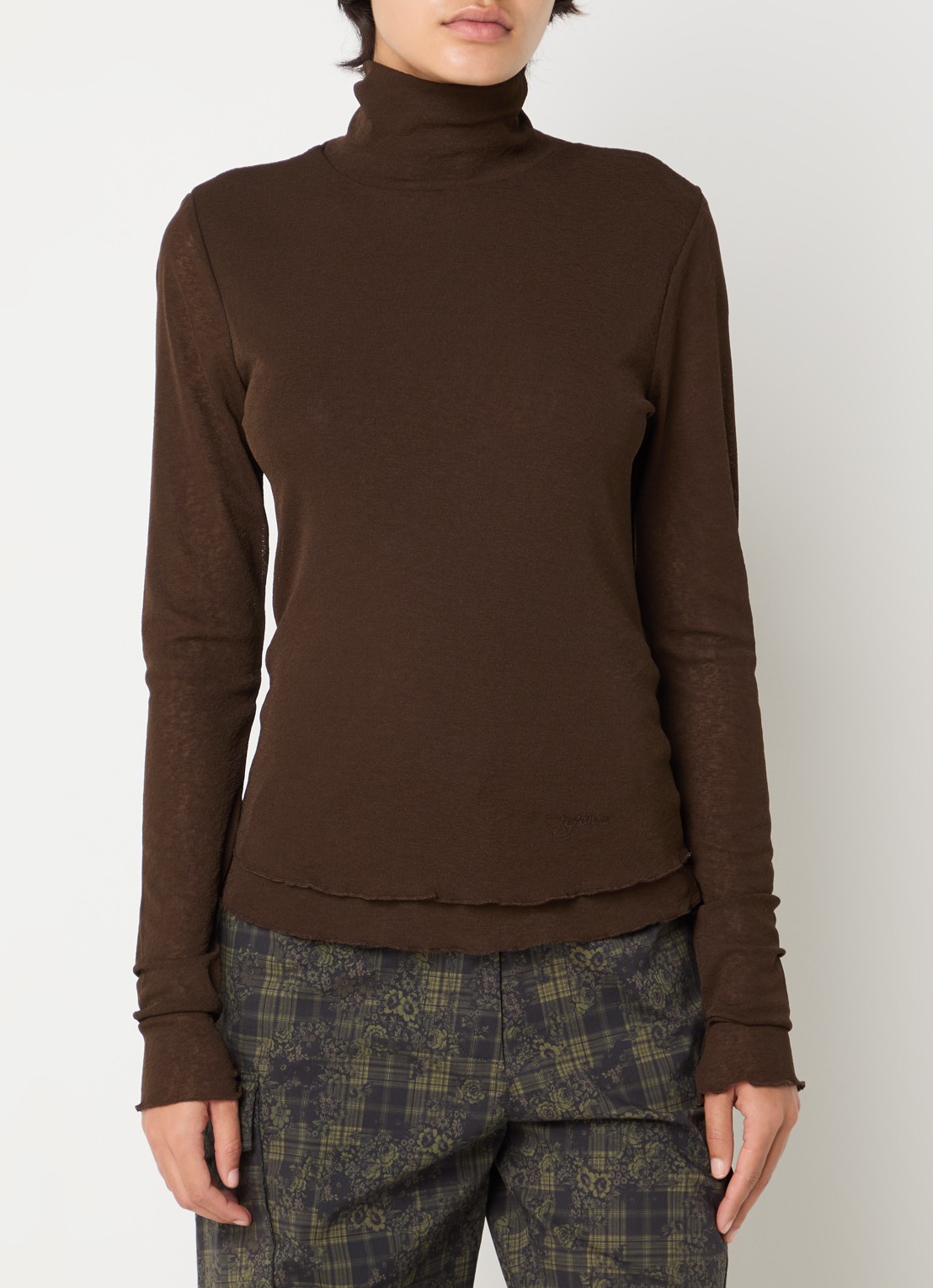 Ganni Semi-transparante top van mesh met geschulpte zoom - detail 4 bruin