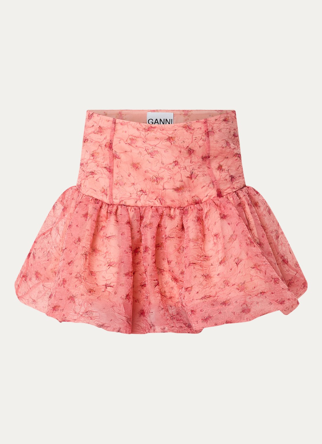 Ganni Shibori mid waist mini rok van mesh - voorkant zalmroze
