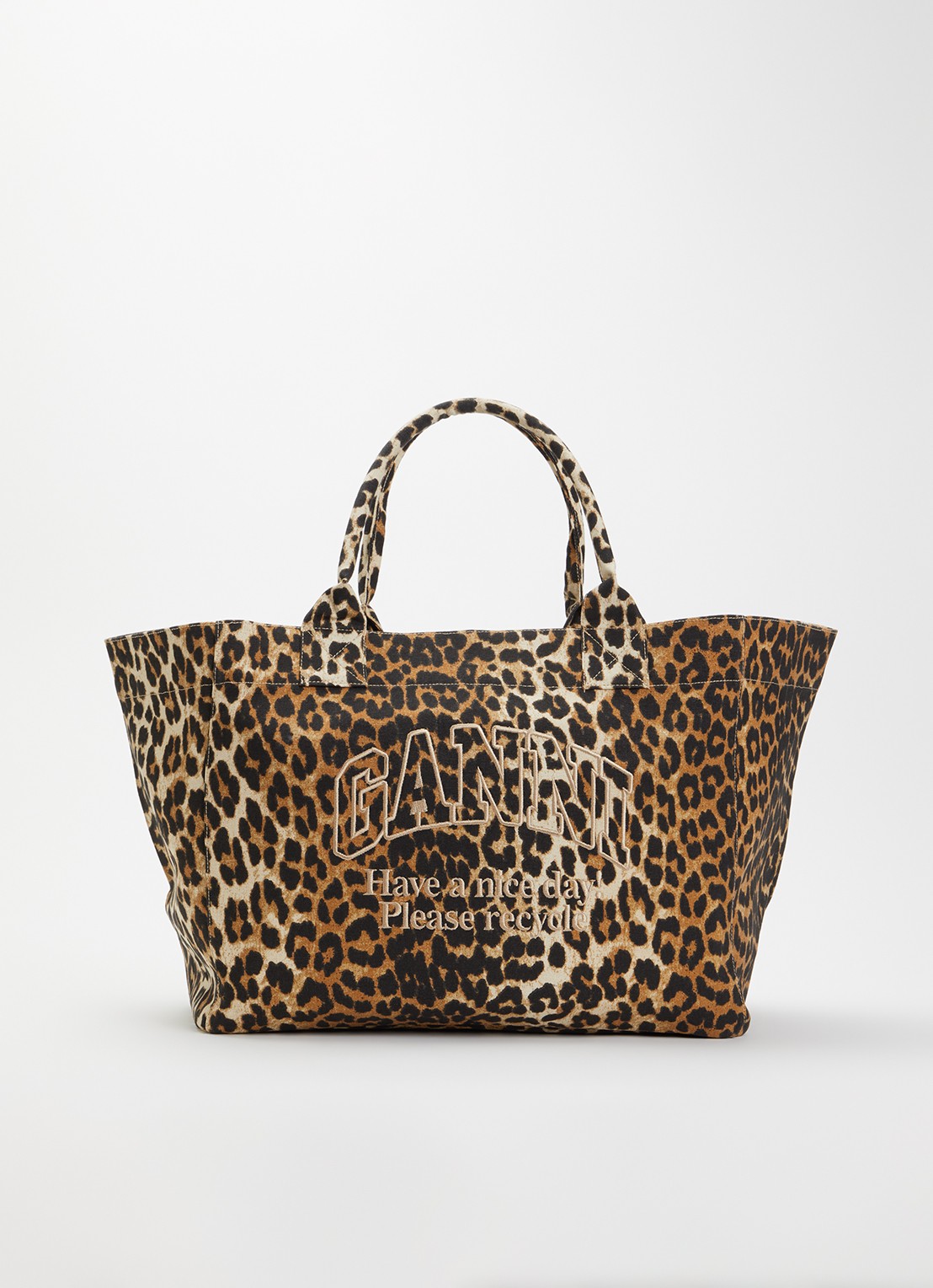 Ganni shopper met panterprint en logo - voorkant 6 camel