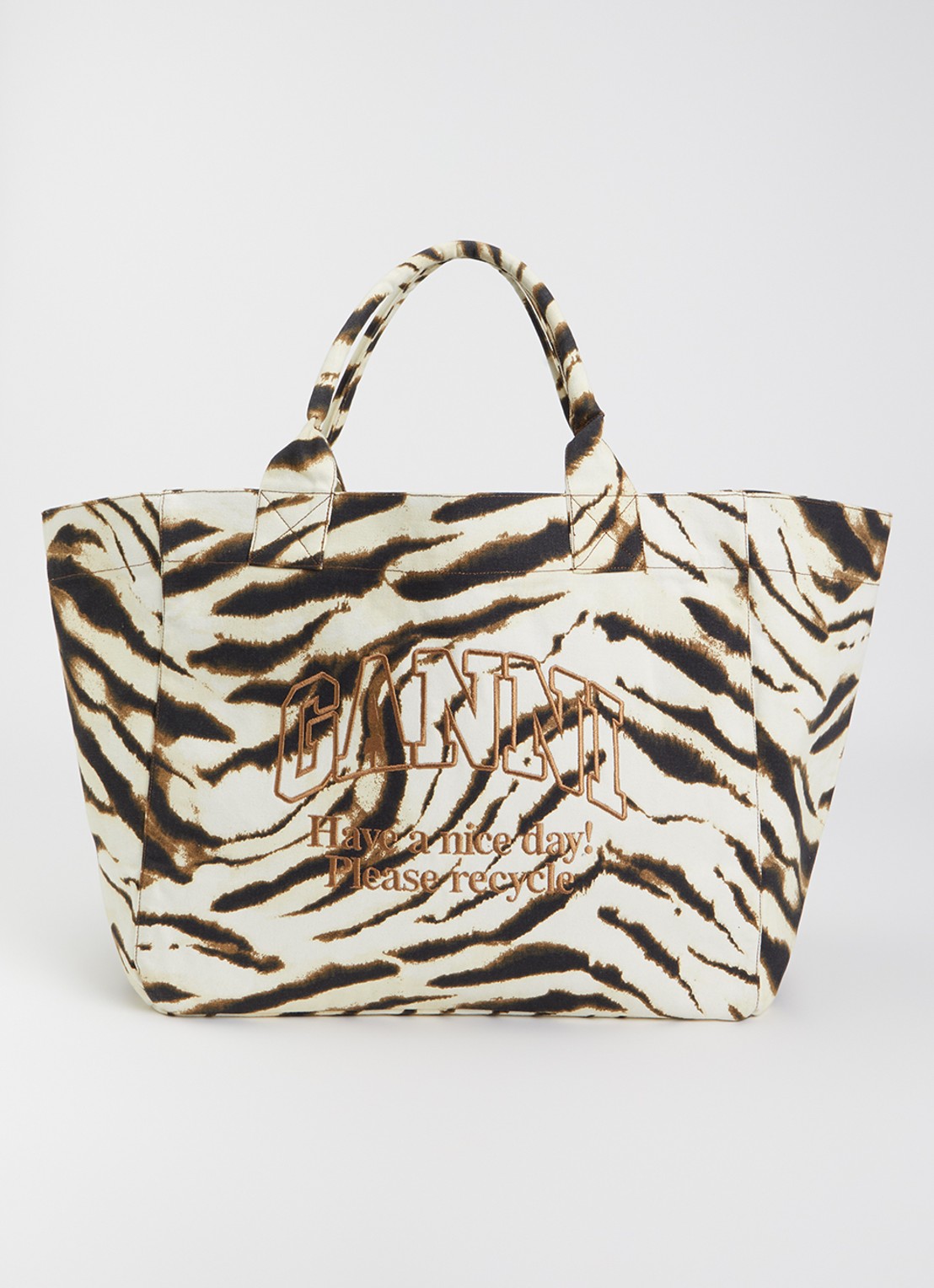Ganni Shopper met zebraprint en logoborduring - voorkant 6 beige