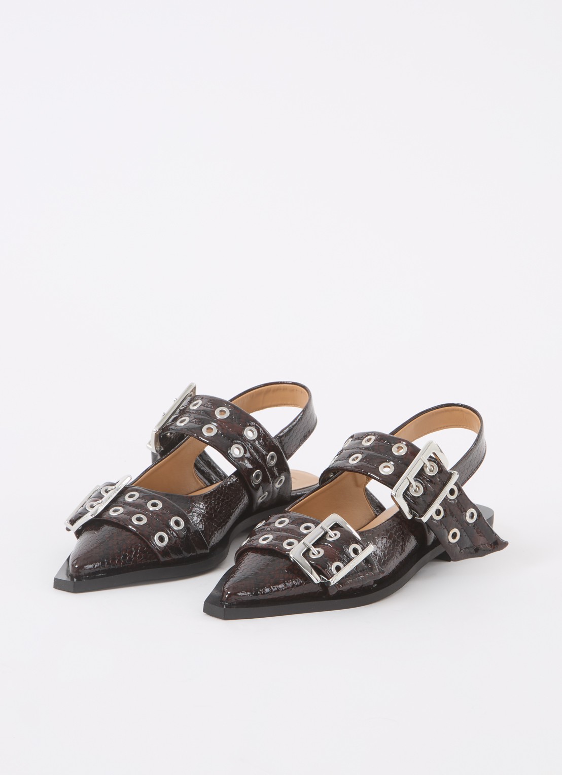 Ganni Slingback van leer met slangenprint - detail 3 bordeauxrood