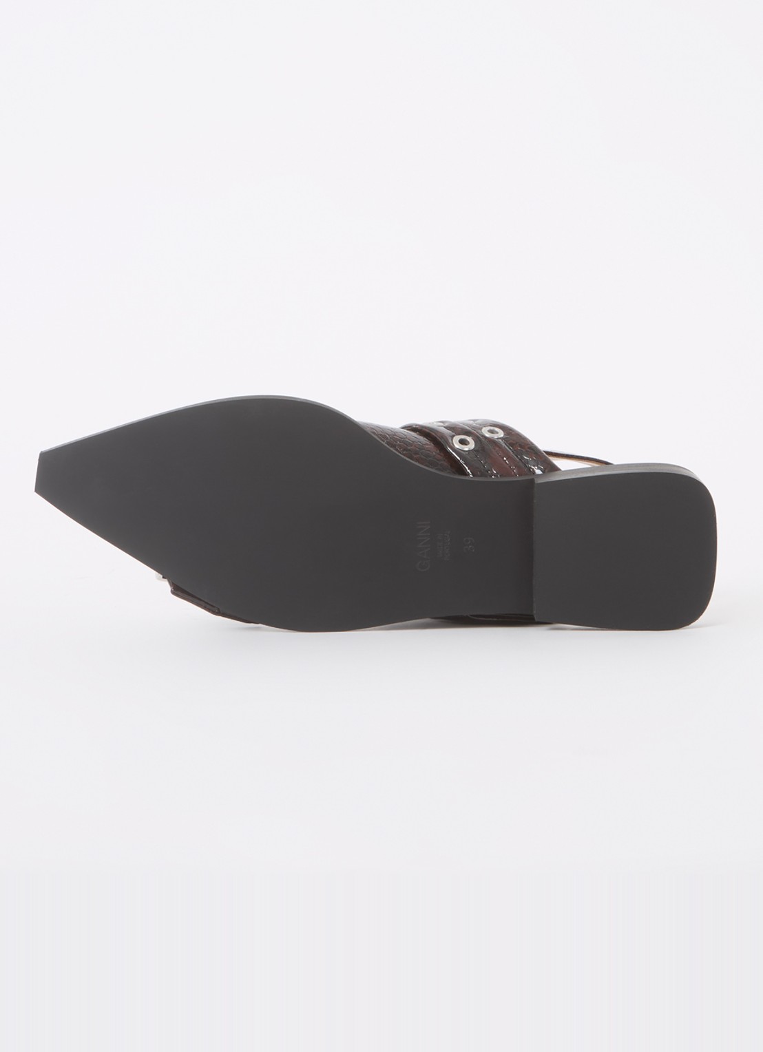 Ganni Slingback van leer met slangenprint - detail 5 bordeauxrood