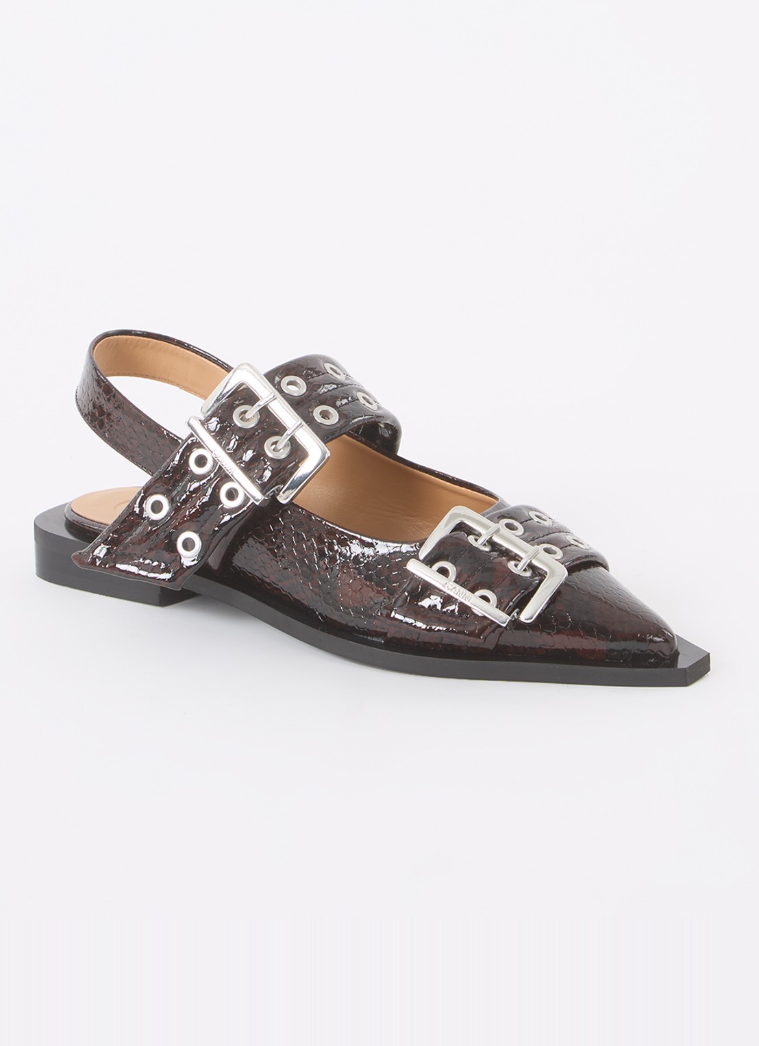 Ganni Slingback van leer met slangenprint - voorkant 2 bordeauxrood