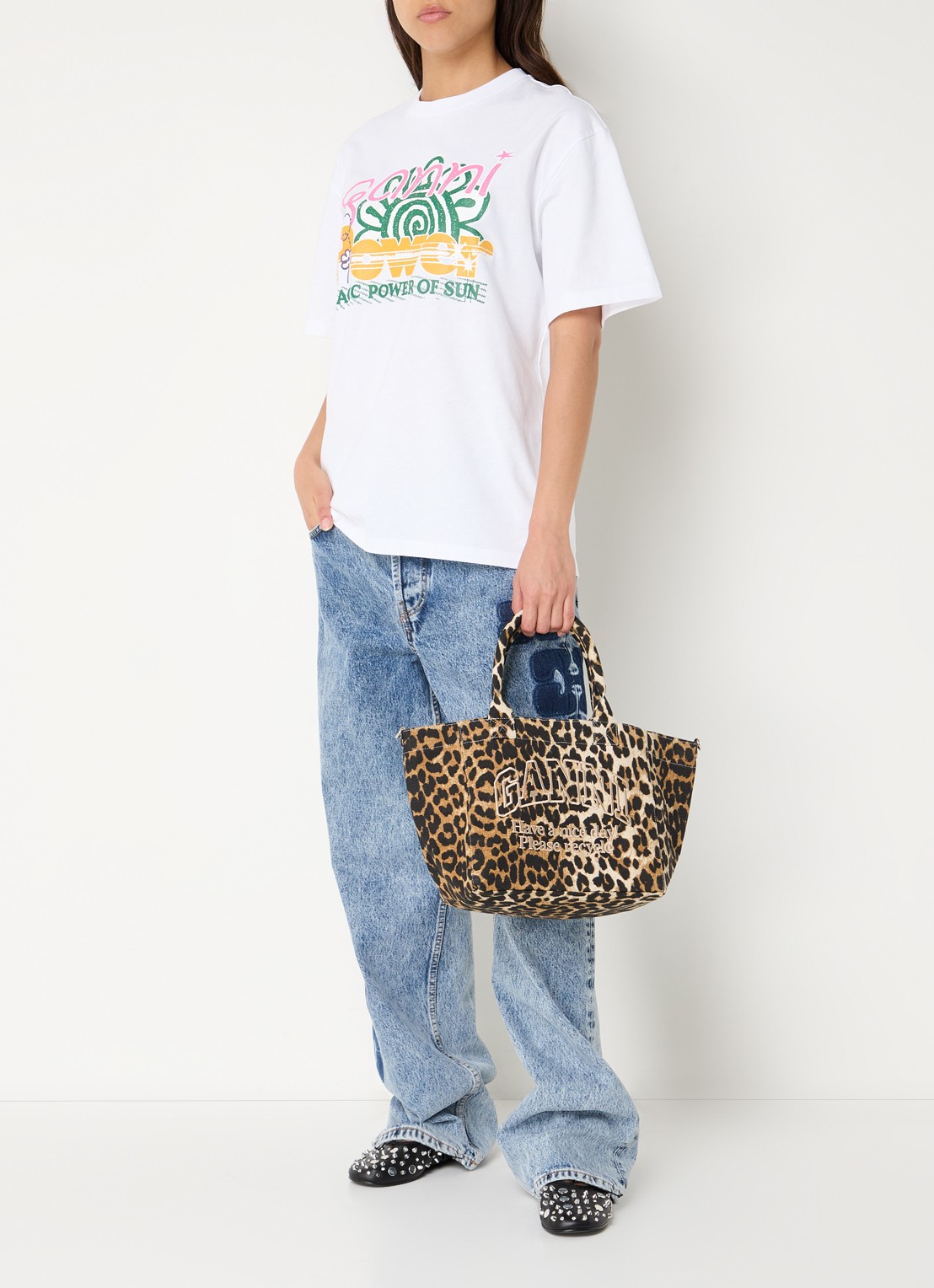 Ganni Small Easy shopper met panterprint en logoborduring - voorkant 3 camel