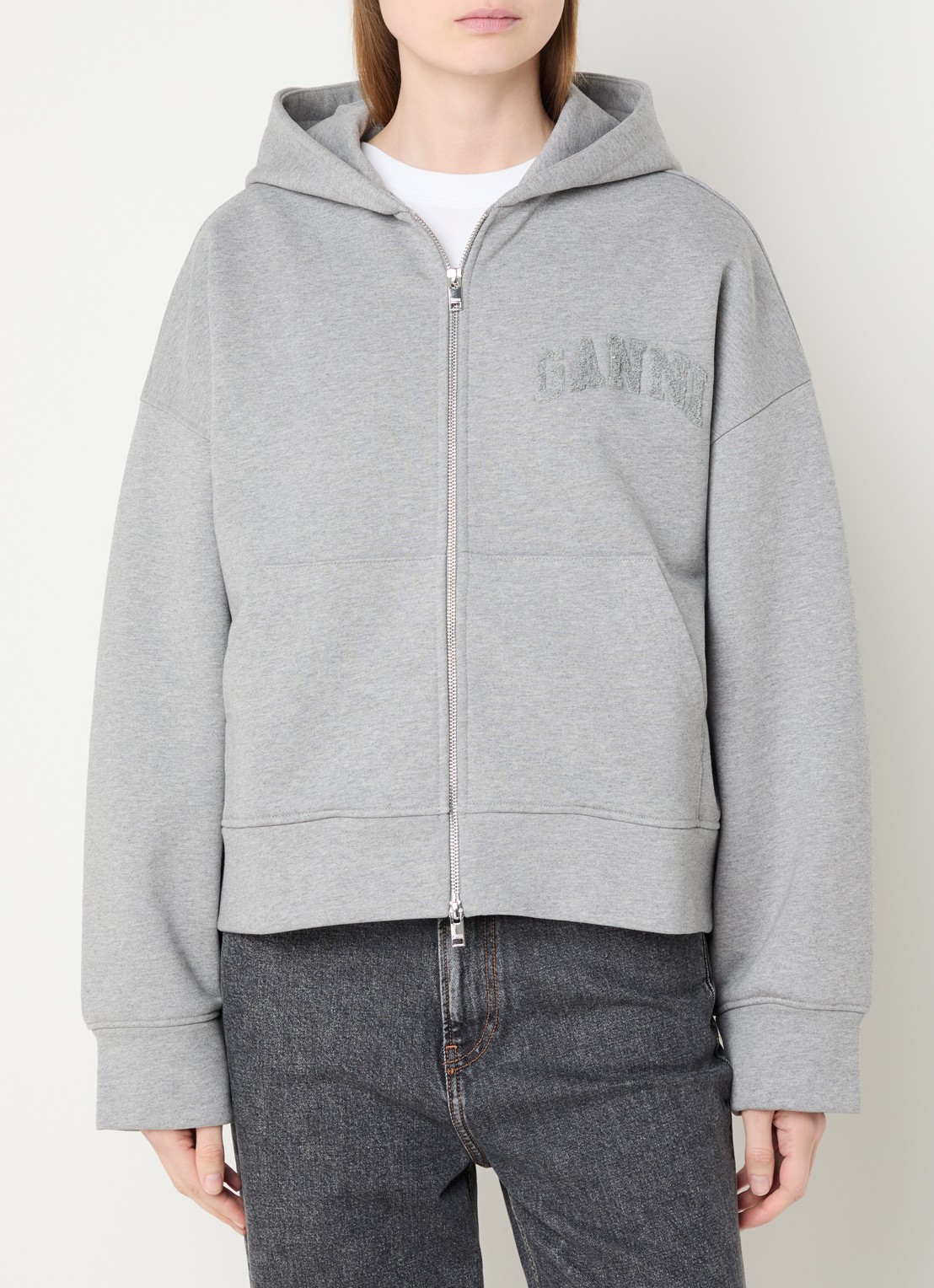 Ganni Sweatvest met logoborduring en capuchon - detail 4 grijs