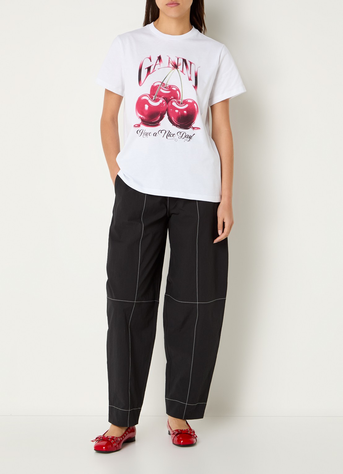 Ganni T-shirt van  katoen met logoprint - voorkant 4 wit