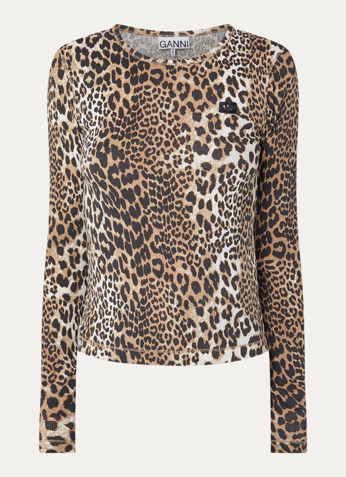 Ganni Top met panterprint en logoborduring - voorkant 3 beige