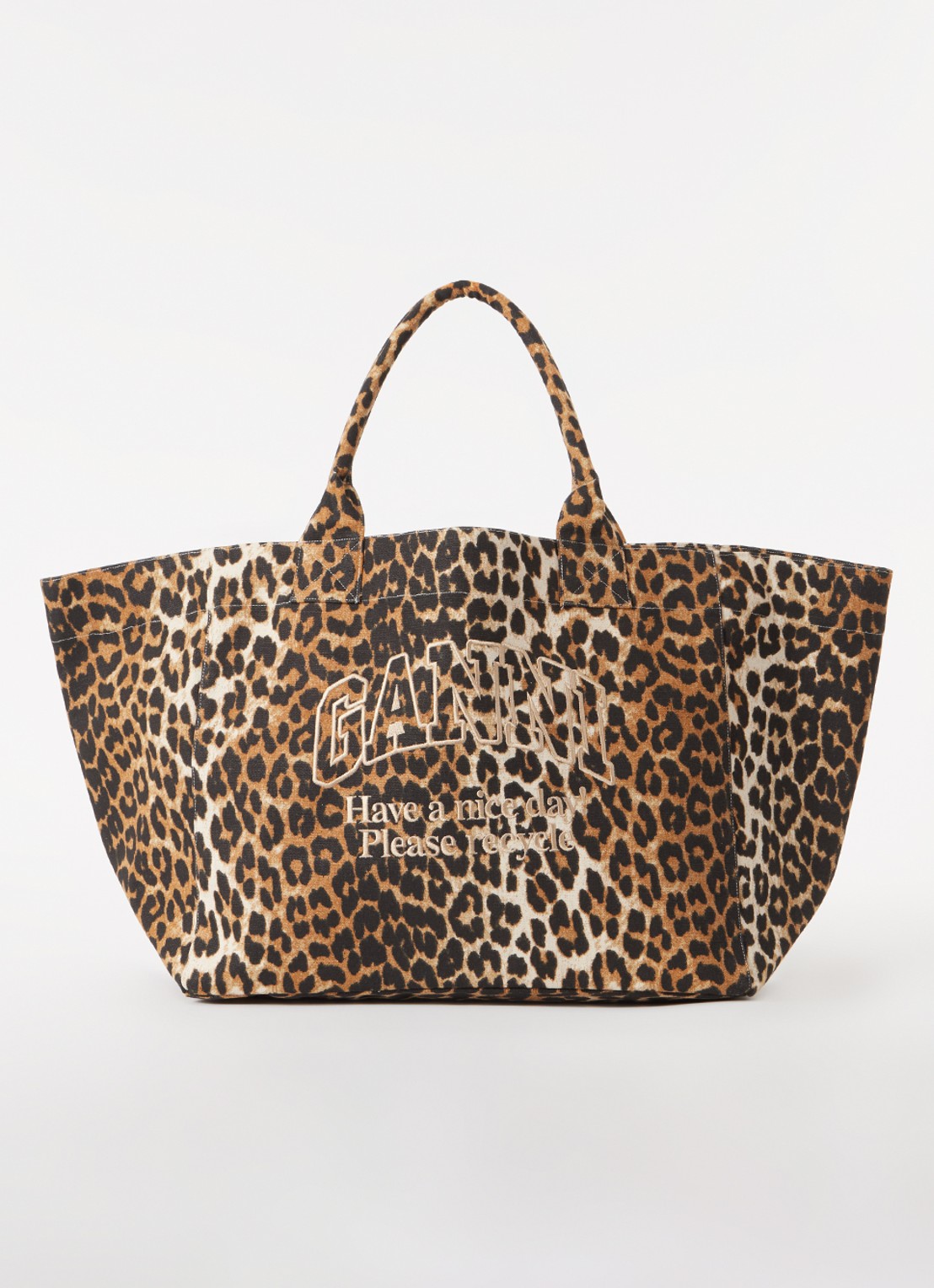Ganni XXL shopper van canvas met panterprint en logoborduring - voorkant 2 bruin
