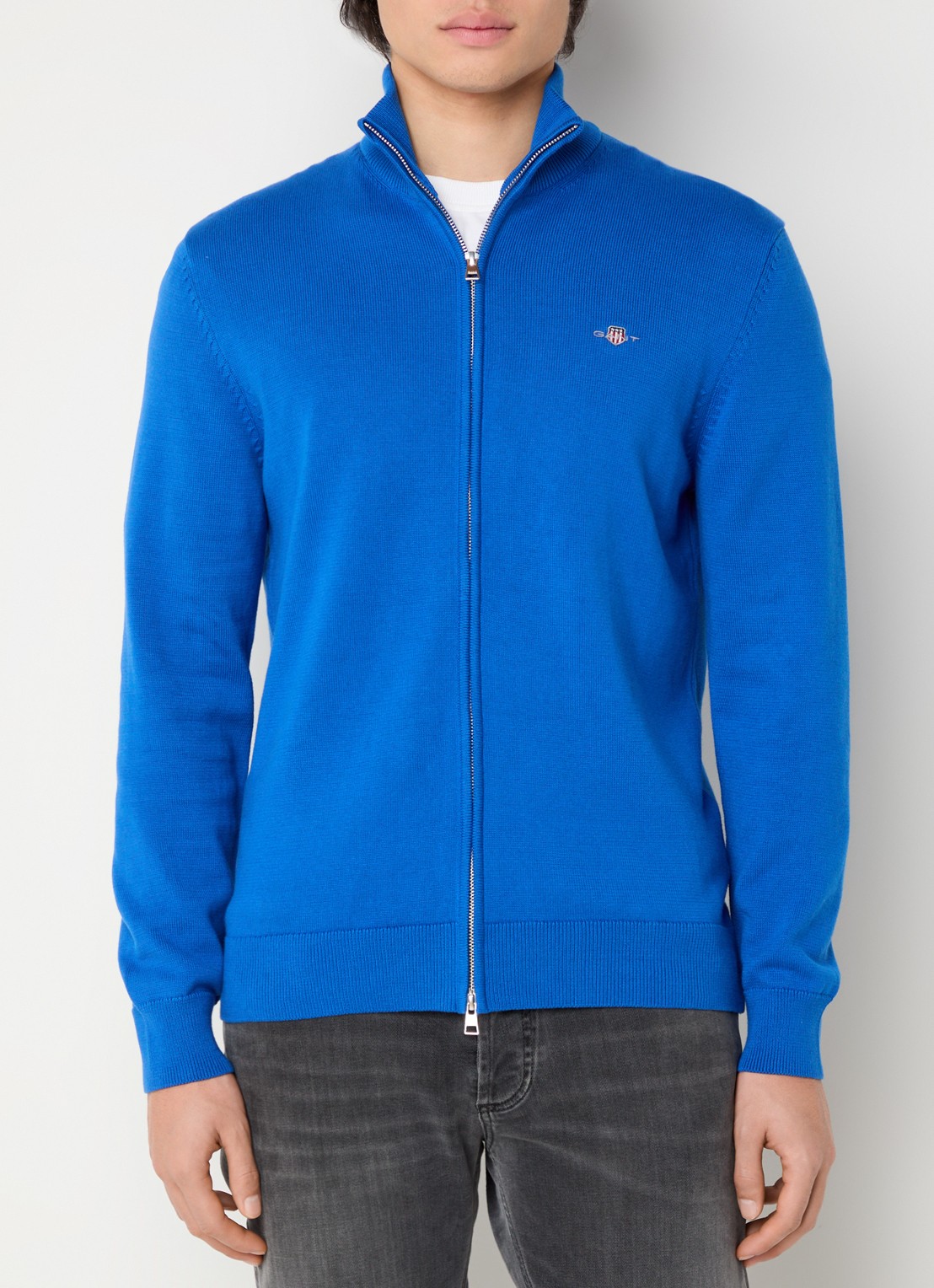 Gant Fijngebreid vest met logoborduring - detail donkerblauw