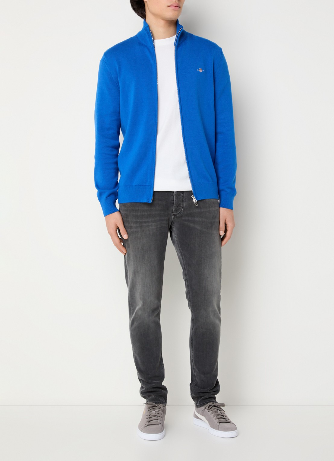 Gant Fijngebreid vest met logoborduring - voorkant 3 donkerblauw