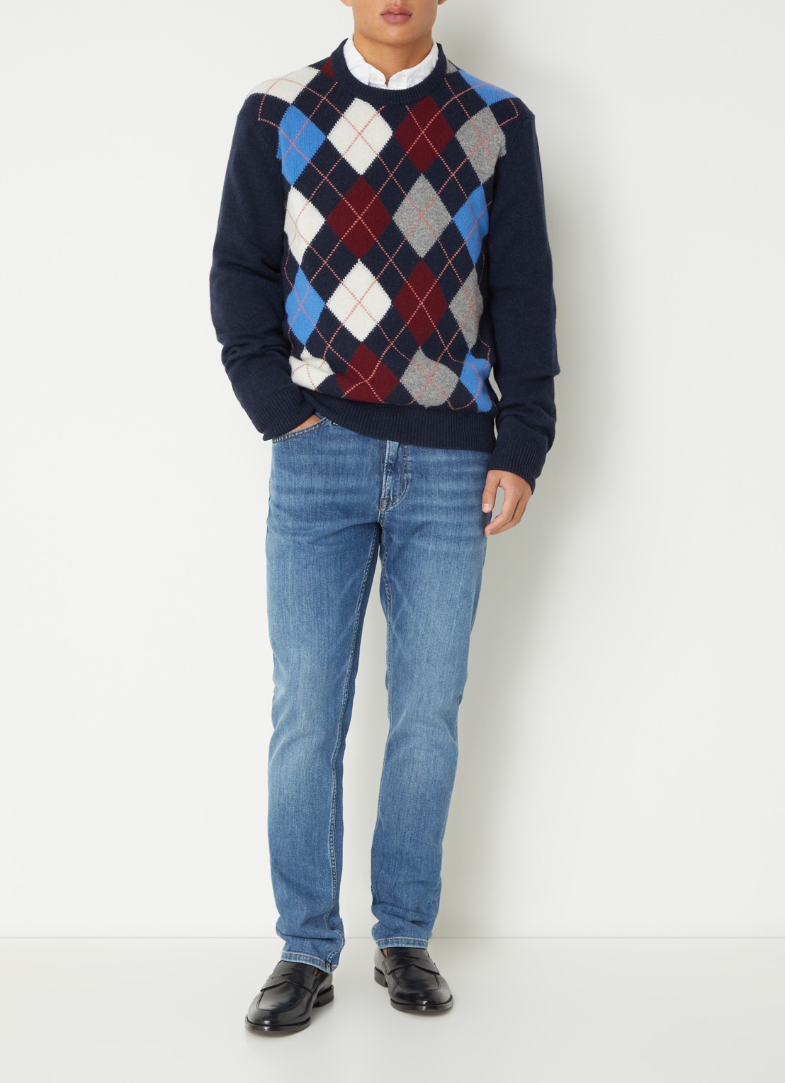 Gant Fijngebreide pullover in wolblend met ruitdessin - voorkant 3 donkerblauw