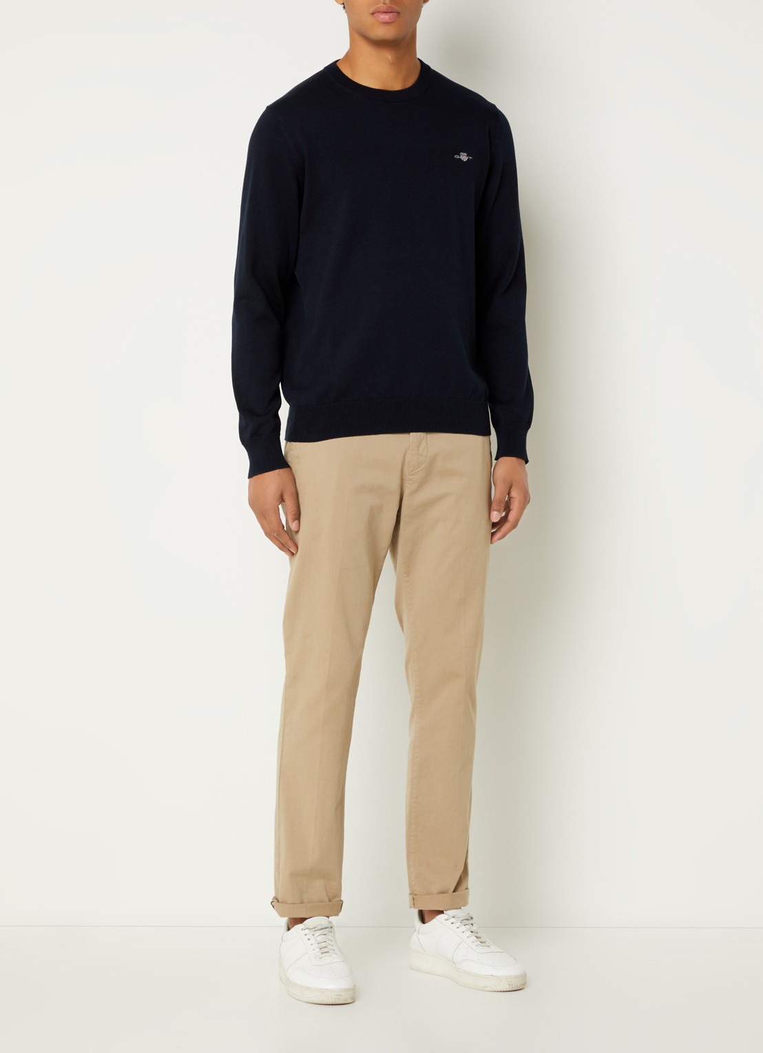 Gant Fijngebreide pullover met logoborduring  - voorkant 3 donkerblauw