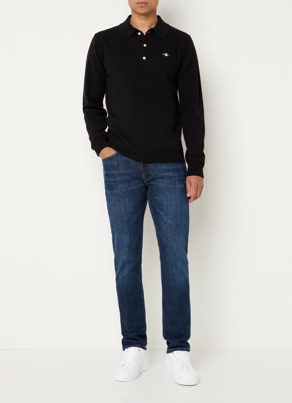 Gant Fijngebreide pullover met polokraag en logoborduring - voorkant 2 zwart