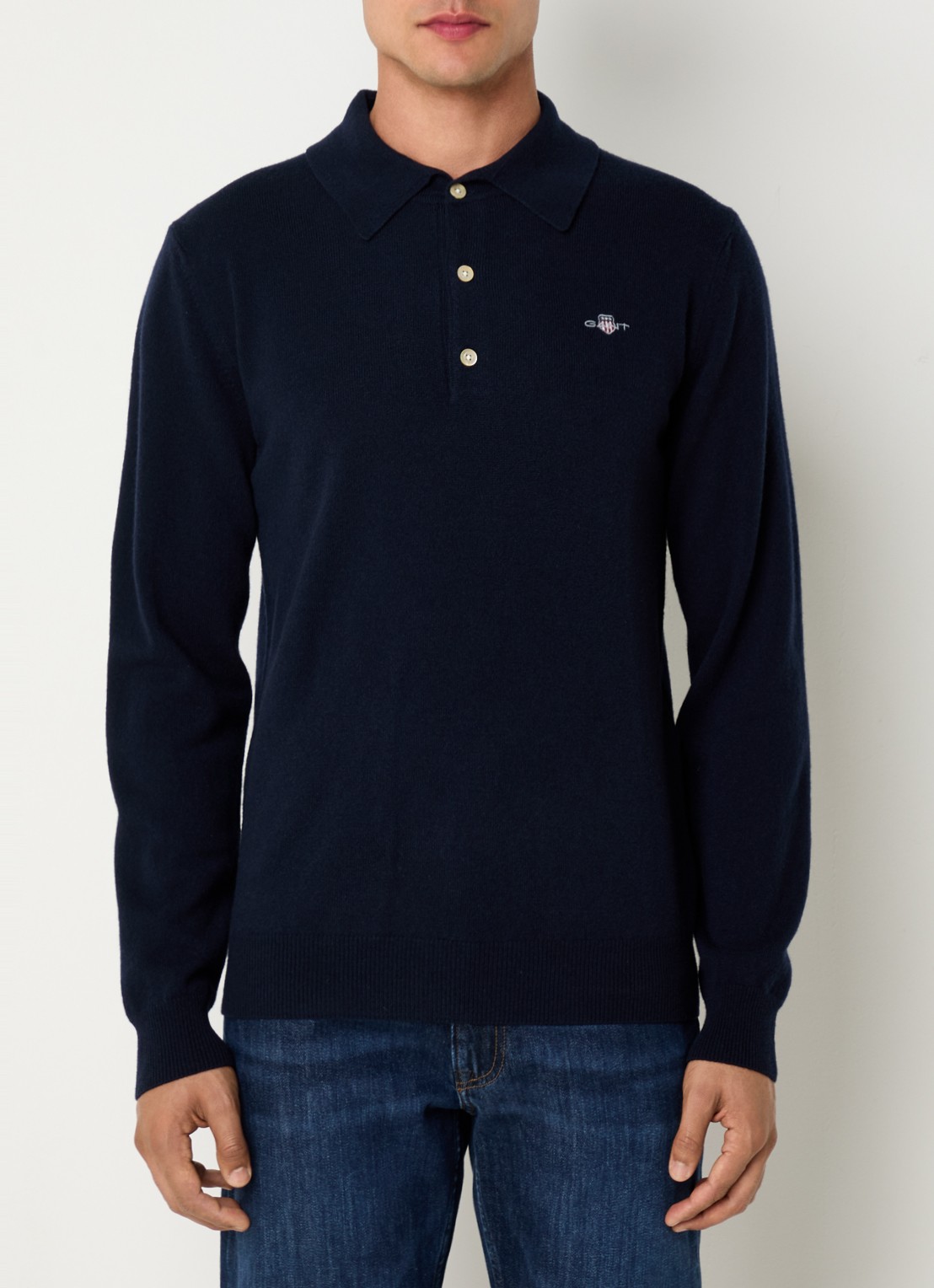 Gant Fijngebreide pullover met polokraag en logoborduring - detail donkerblauw