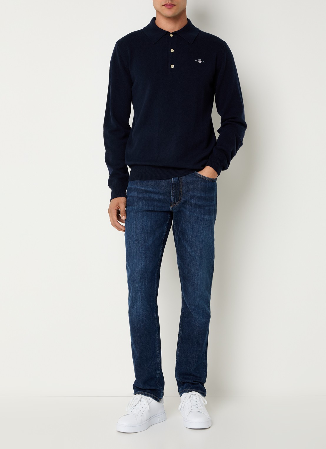 Gant Fijngebreide pullover met polokraag en logoborduring - voorkant 3 donkerblauw