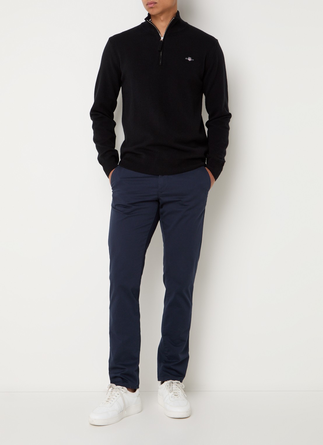 Gant Fijngebreide pullover van wol met halve rits - voorkant 3 zwart