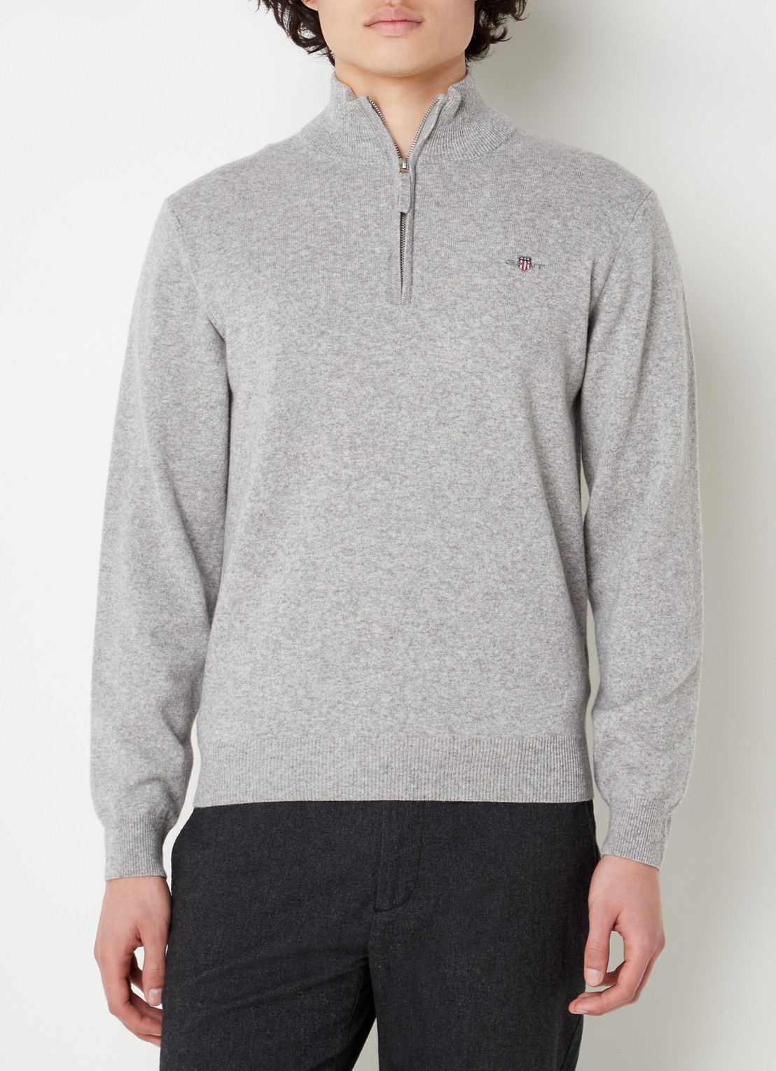 Gant Fijngebreide pullover van wol met halve rits - detail grijsmele