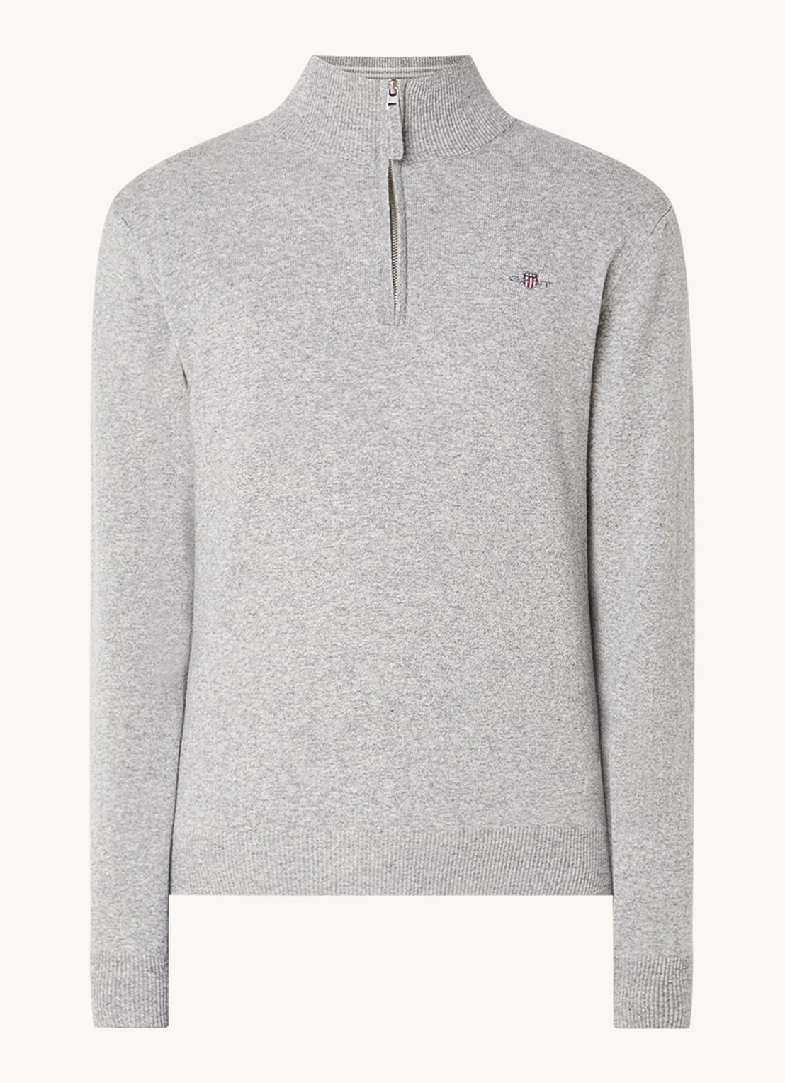 Gant Fijngebreide pullover van wol met halve rits - voorkant 2 grijsmele