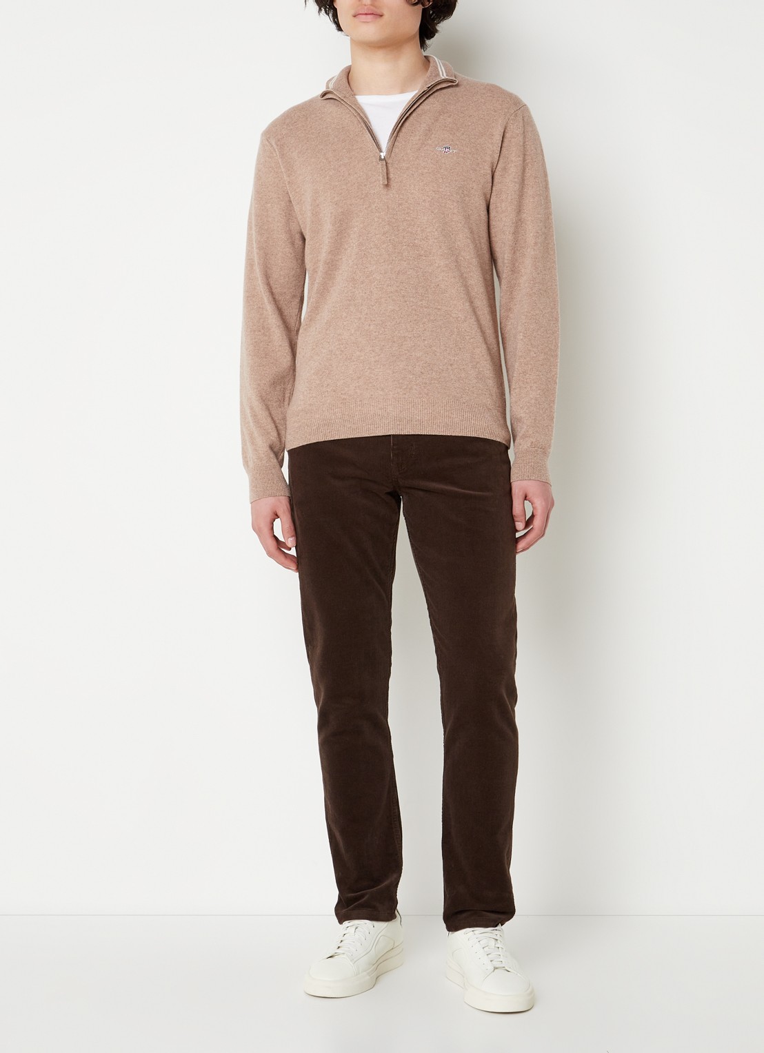Gant Fijngebreide pullover van wol met halve rits - voorkant 3 zand