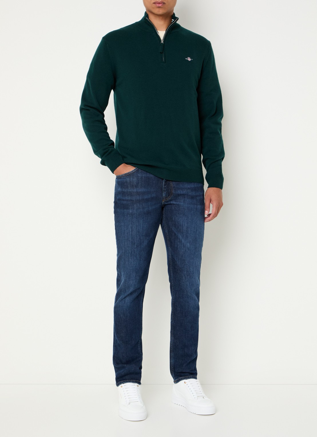 Gant Fijngebreide pullover van wol met halve rits - voorkant 3 groen