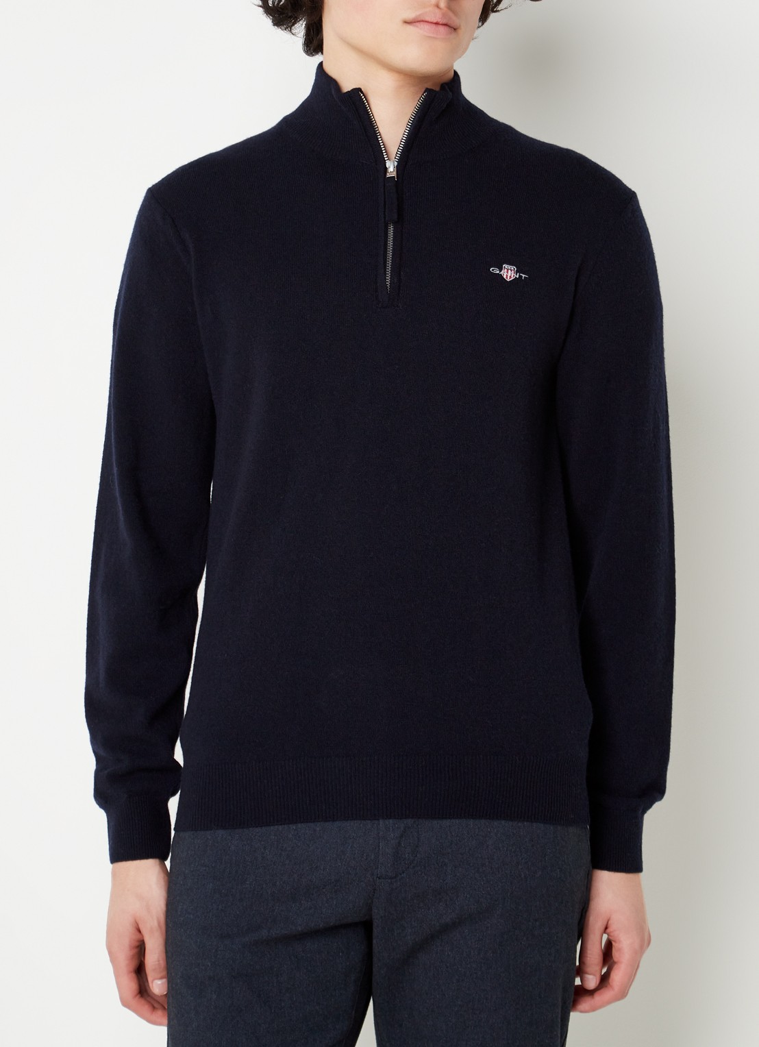 Gant Fijngebreide pullover van wol met halve rits - detail 3 donkerblauw
