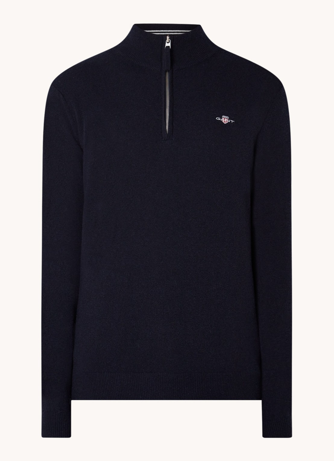 Gant Fijngebreide pullover van wol met halve rits - voorkant donkerblauw